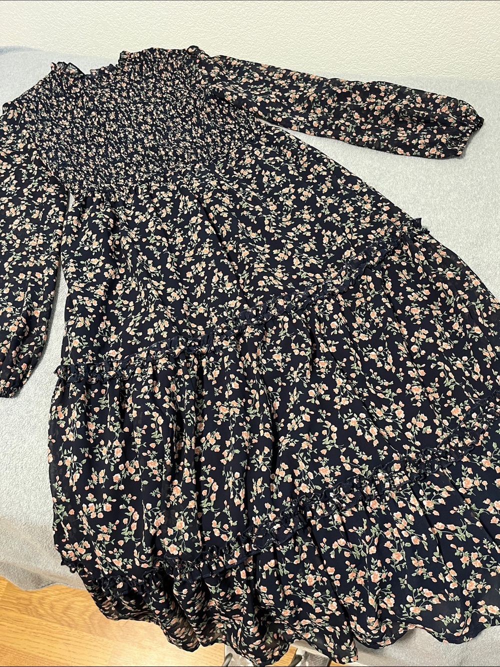 Petal + Pup Smocked Tiered Midi Dress Medium Floral Prairy Modest Balloon Sleeve